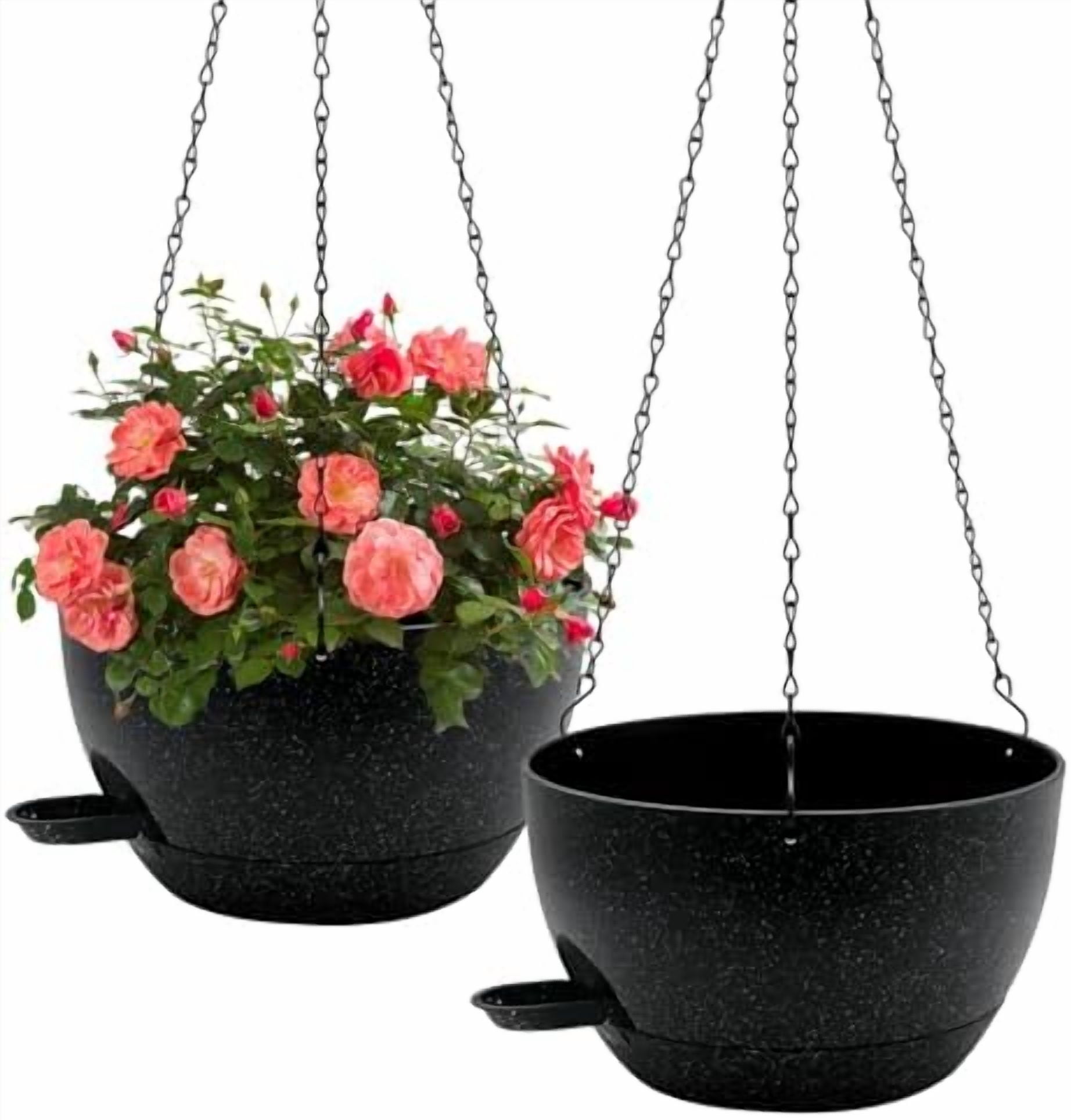 Self Watering Hanging Planters, 2 Pack 10'' Plastic Pots with Drainage Holes & Reservoir Tray (Speckled Black) | Indoor & Outdoor Use for Ferns, Ivy, Herbs, Succulents
