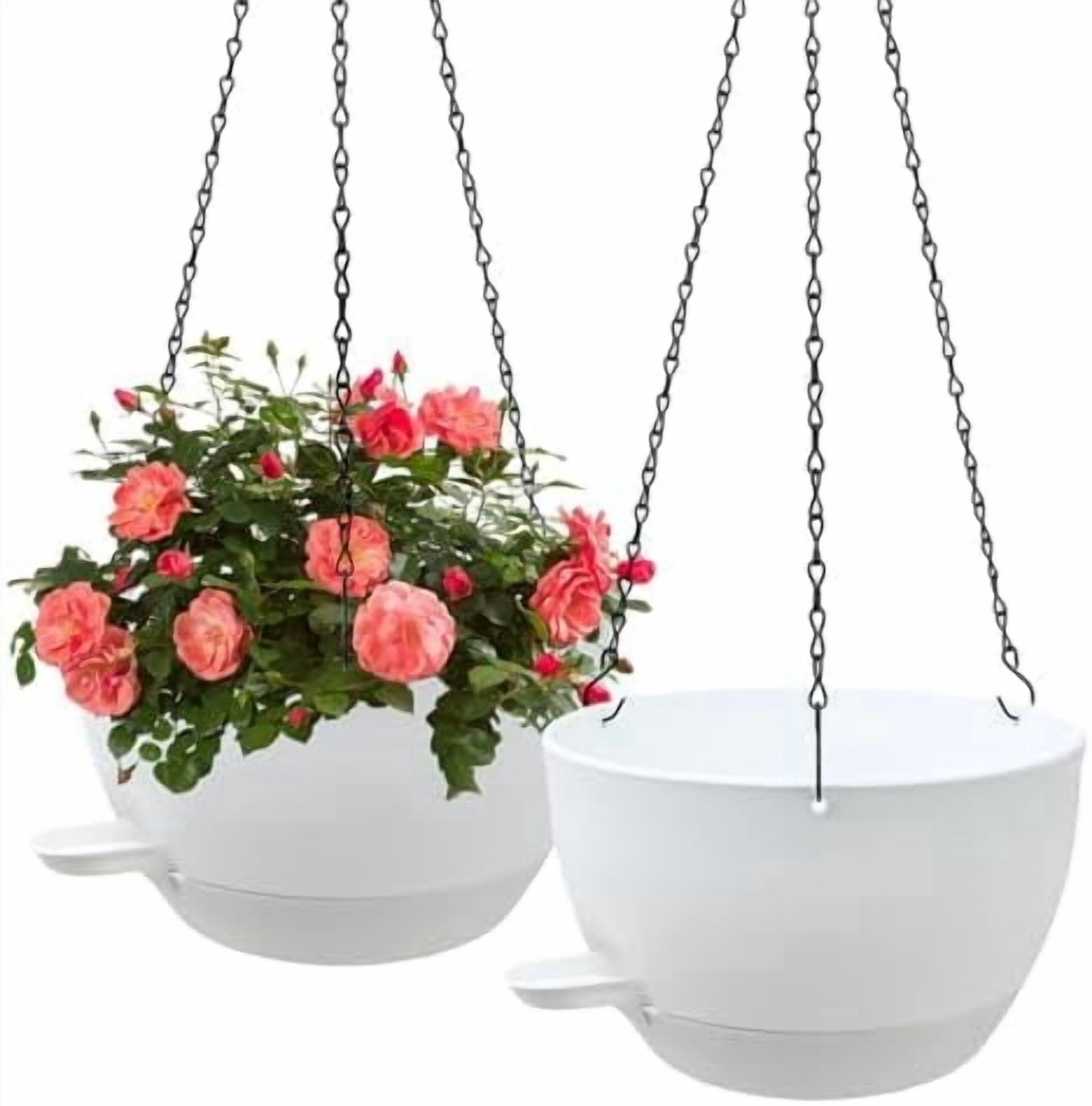 Self Watering Hanging Planters, 2 Pack 10'' Plastic Pots with Drainage Holes & Reservoir Tray (White) | Indoor & Outdoor Use for Ferns, Ivy, Herbs, Succulents