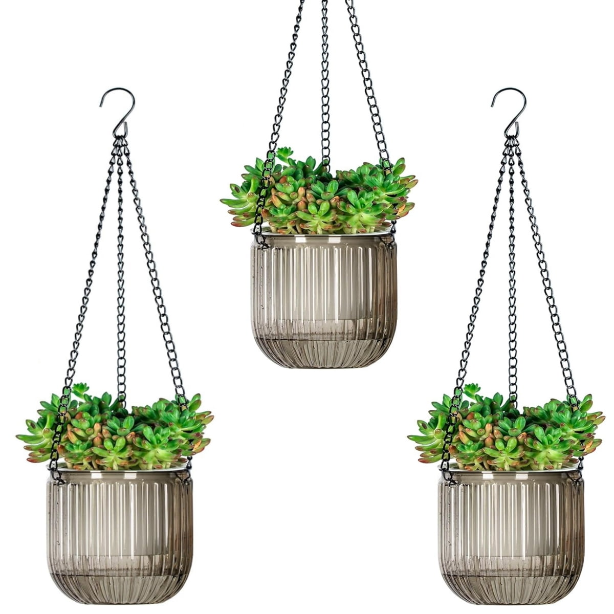 Self-Watering Hanging Planters with 3 Hooks, GIXUSIL 3-Pack Small Indoor Outdoor Flower Pots, Drainage Holes for Low-Maintenance Home Gardening (Gray)
