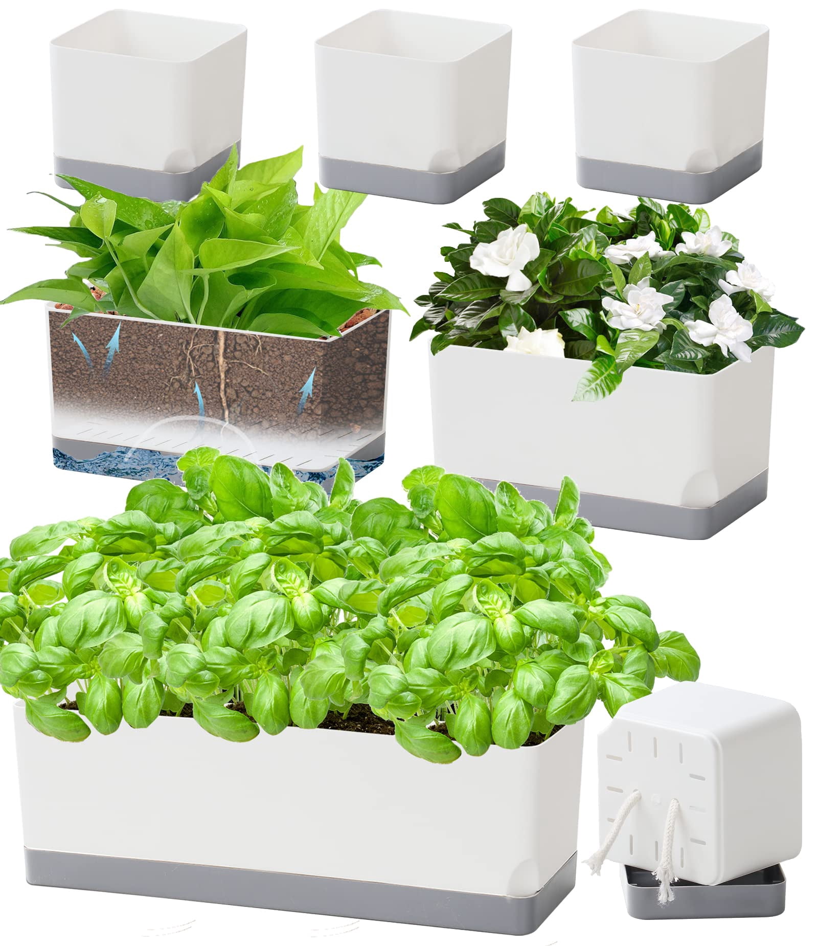 Self Watering Indoor Planter Set 7 Pack Plastic Herb Pots with Drainage Saucer Window Boxes Rectangle Planters for Plants