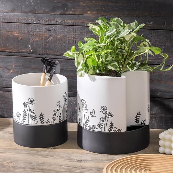 Self Watering Plant Pot: 8 Inch Ceramic Planter with Drainage Hole & Water Storage Plus for Indoor & Outdoor Plants - Cylinder Round Flower Pot for Succulent/Herbs/Violets - White