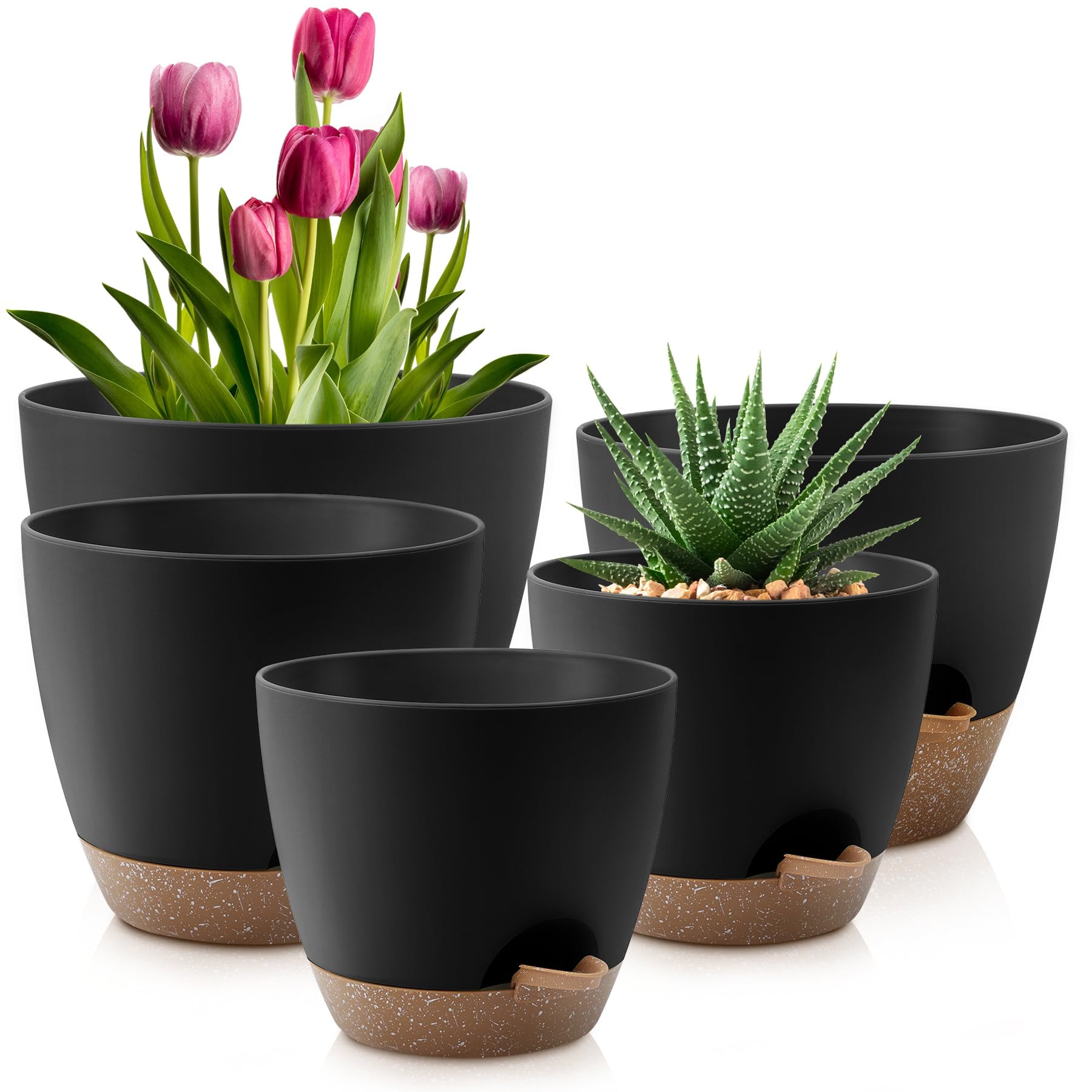 Self Watering Plant Pots Set of 5 with Drainage Holes and Saucers, Plastic Flower Planters for Indoor and Outdoor Gardening, Various Sizes