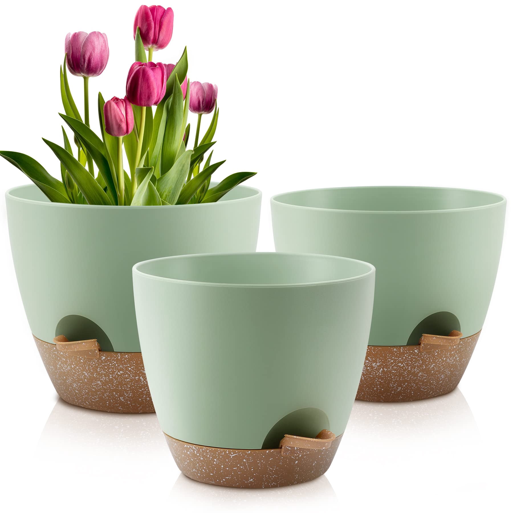 Self Watering Plant Pots Set of 5 with Drainage Holes and Saucers, Plastic Flower Planters for Indoor and Outdoor Gardening, Various Sizes