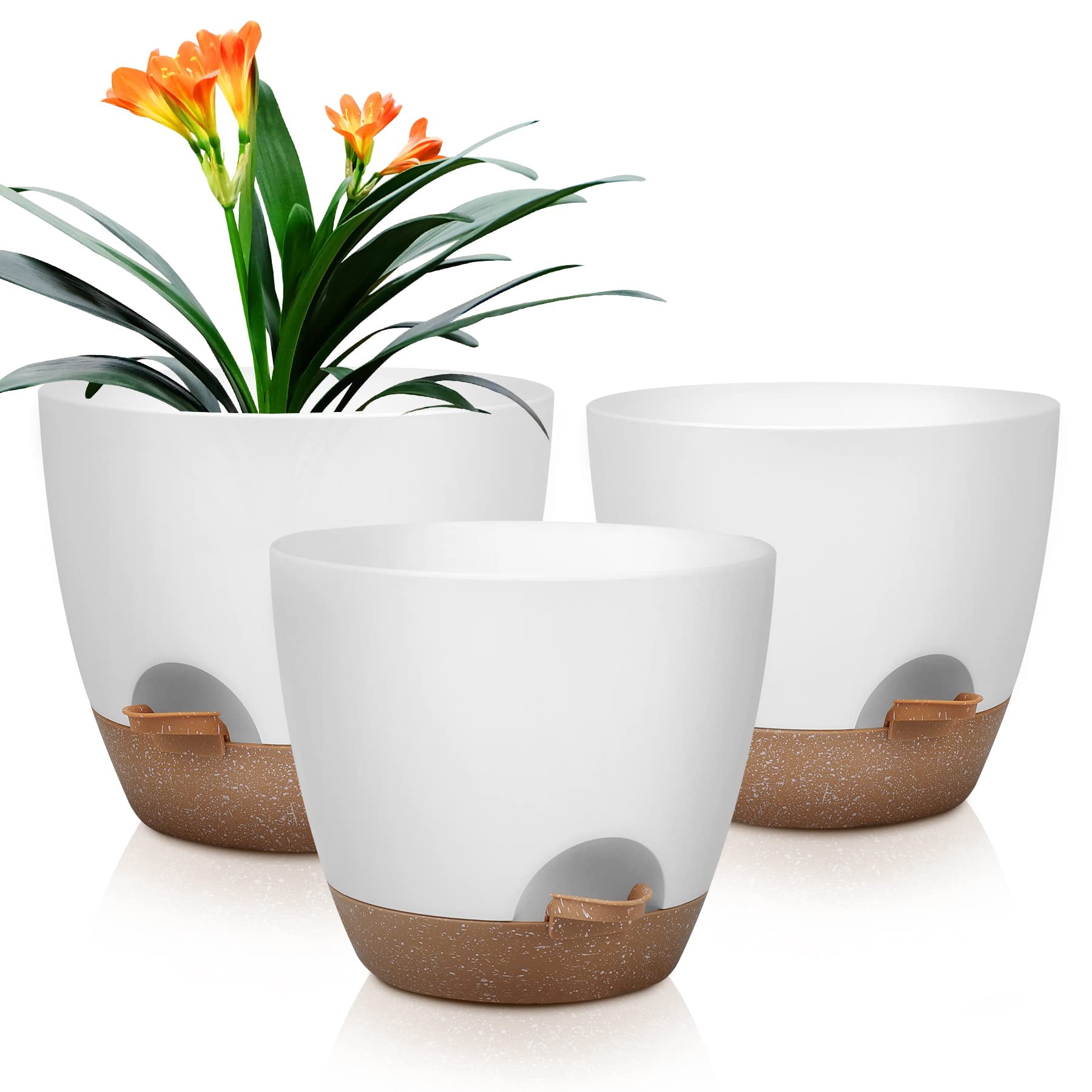 Self Watering Plant Pots Set of 5 with Drainage Holes and Saucers, Plastic Flower Planters for Indoor and Outdoor Gardening, Various Sizes
