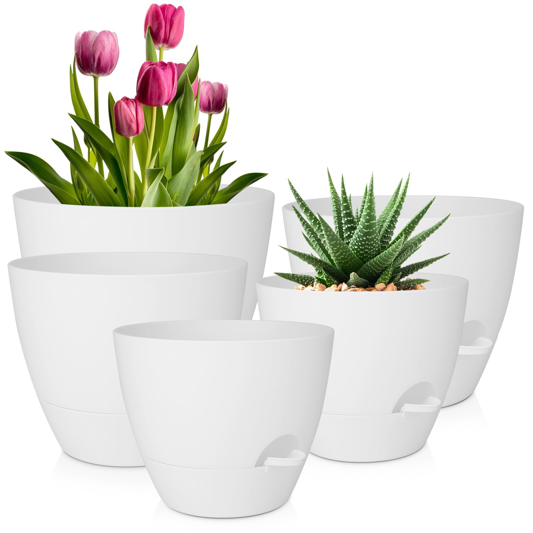 Self Watering Plant Pots Set of 5 with Drainage Holes and Saucers, Plastic Flower Planters for Indoor and Outdoor Gardening, Various Sizes