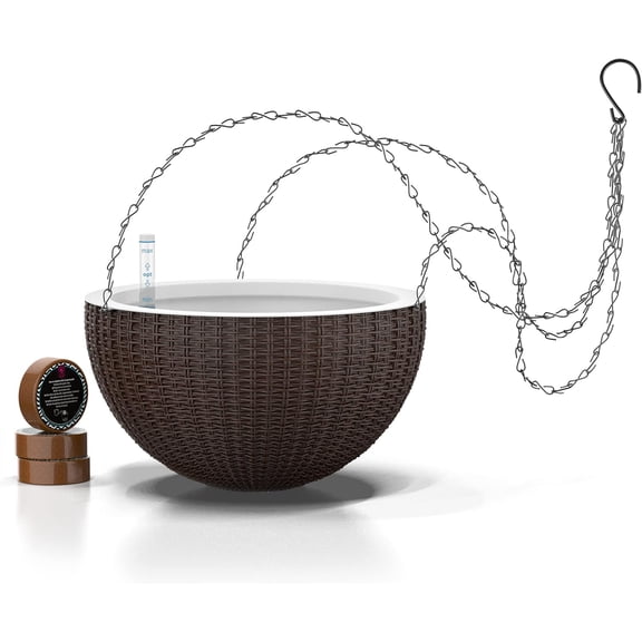 Self Watering Planter, 11'' Indoor, Brown, Coco Coir, with Water Level , Round, 1