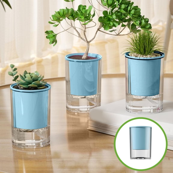 Self-Watering Planter for, ZzCityTK Lazy Automatic Suction Hydroponic Flower Pot, Plastic Desktop Vase with 30-Day Watering for Home Office Decor, Blue