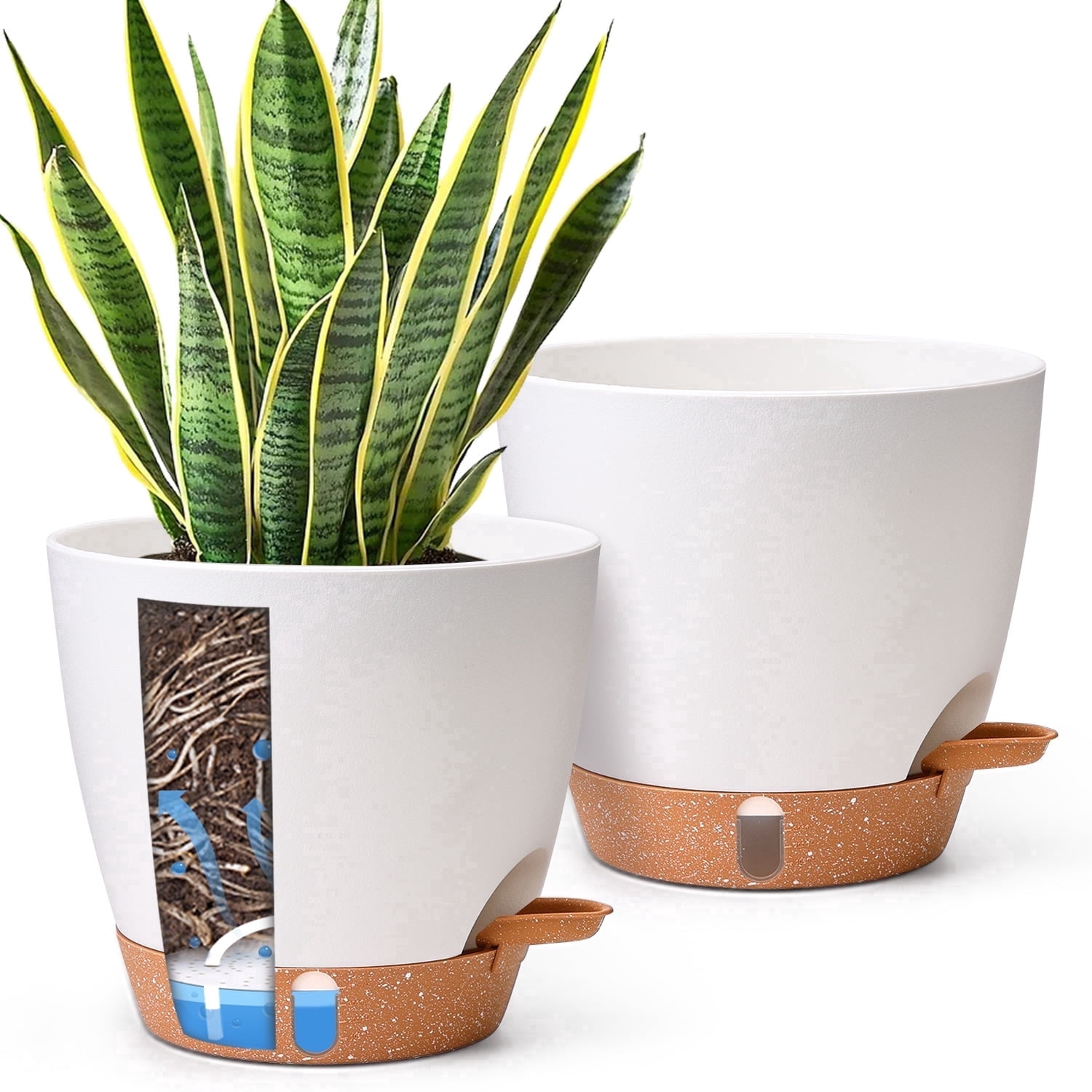 Self Watering Planters 8 Inch, 2-Pack White Plastic Pots with Drainage ...