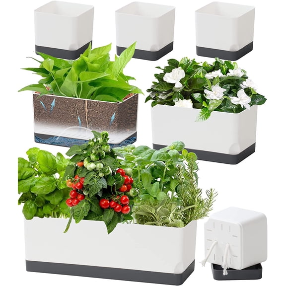 Self Watering Planters Pots for Indoor Plants, 7 Pack 4+8+17 Inch Plastic Window Boxes Planters Herb Planter, Rectangle Rectangular Planter Windowsill Planters with Drainage and Saucer