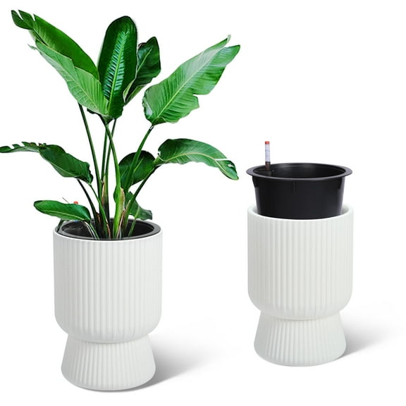 Self Watering Planters Set of 2, 14.2 Inch Tall Outdoor/Indoor Flower Pots with Water Level Indicator, Large Modern Planter with Hidden Reservoir for Patio, Porch, Balcony, White