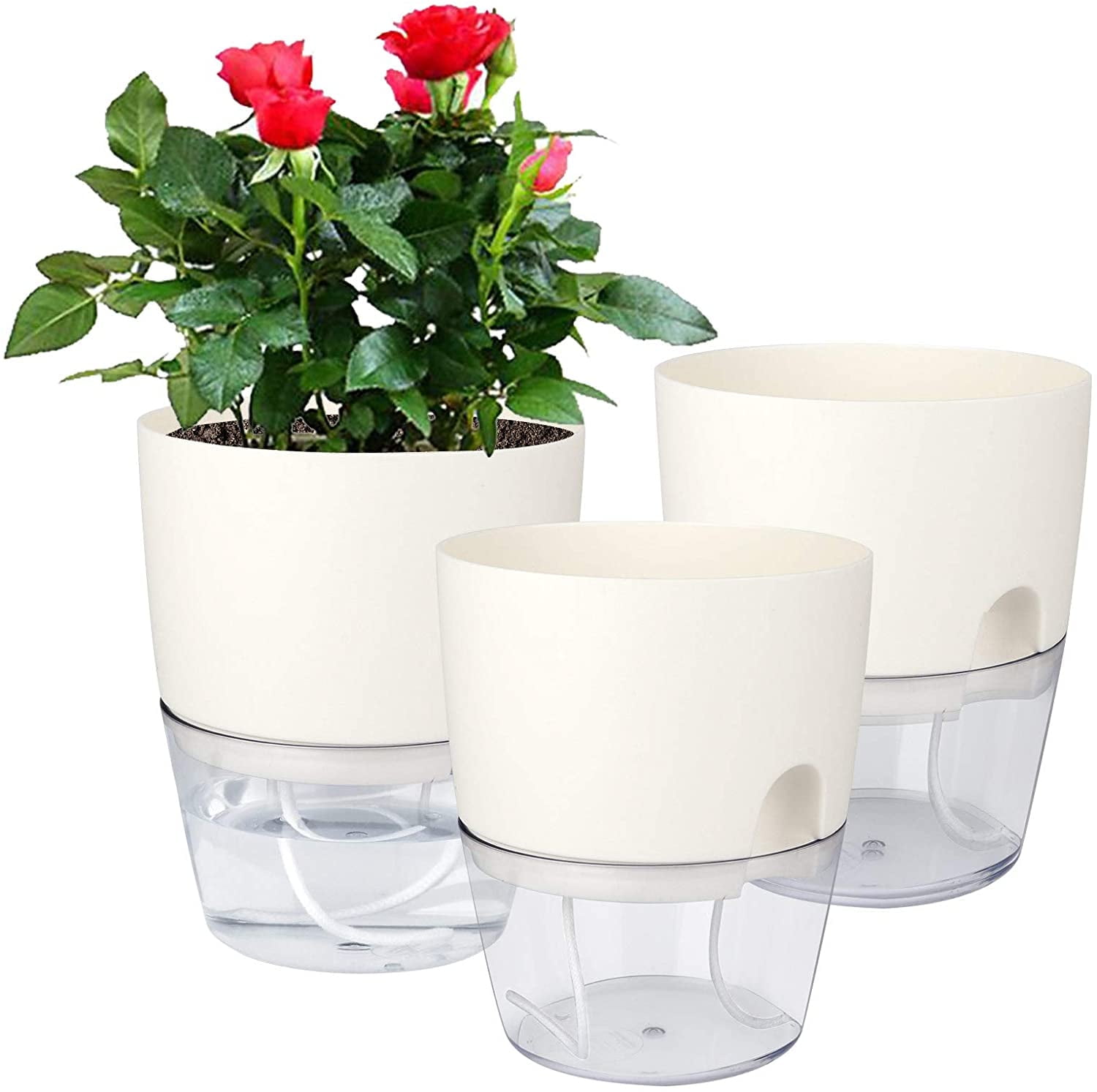 Self Watering Pots for Indoor Plants, Flower Pots Outdoor, 3 Pack 6 Inch Self Watering Planter, Plant Pots , Plastic Flower Pots, Plant Pots Indoor, Flower Pots Indoor, White