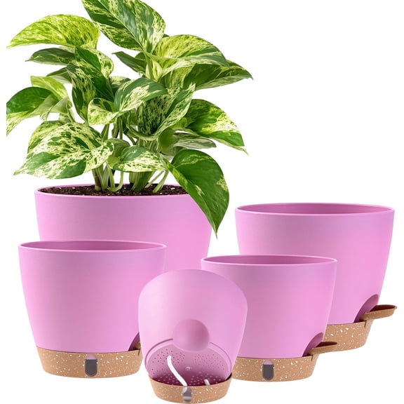 Self Watering Pots for Inoor Ourdoor Plants 8/7/6.5/6/5 Inch Plastic Planters with Drainage Holes & Water Level Indicator, Decorative House Flower Nursery Planting Pots with Saucers (Dusty Lavender)