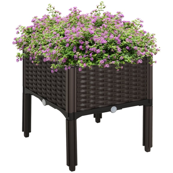 Self-Watering Raised Garden Bed with Legs, Plastic Planter Box for Flowers, Herbs & Vegetables, Brown, 15.75x15.75x17.25 Inches, Modular Design for Small Balcony