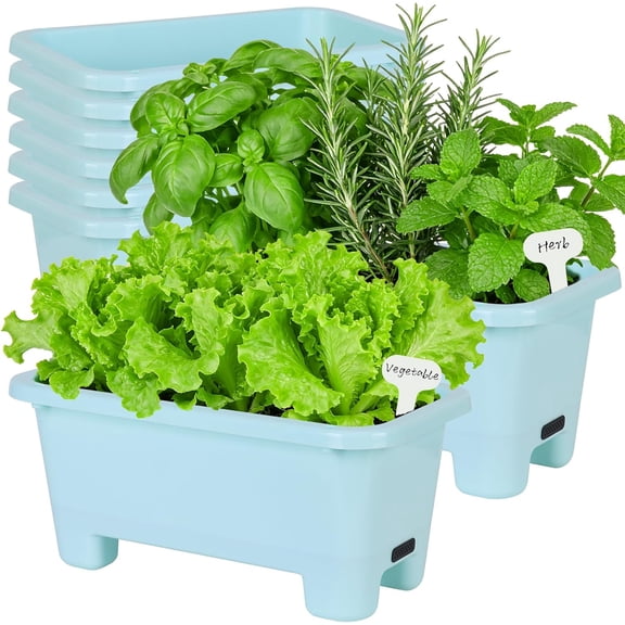 Self-Watering Rectangle Planter Boxes 8-Pack, 15.7-Inch Window Box Planter with Drainage Holes & Trays, Pots for Vegetables, Herbs, Flowers, Garden Windowsill Balcony (Sky Blue)