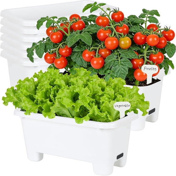 Self-Watering Rectangle Planter Boxes 8-Pack, 15.7-Inch Window Box Planter with Drainage Holes & Trays, Pots for Vegetables, Herbs, Flowers, Garden Windowsill Balcony (White)