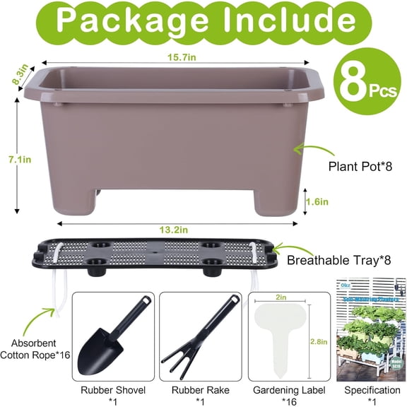 Self-Watering Rectangle Planter Boxes 8-Pack, 15.7-Inch Window Box Planter with Drainage Holes & Trays, Pots for Vegetables, Herbs, Flowers, Garden Windowsill Balcony (Coffee)