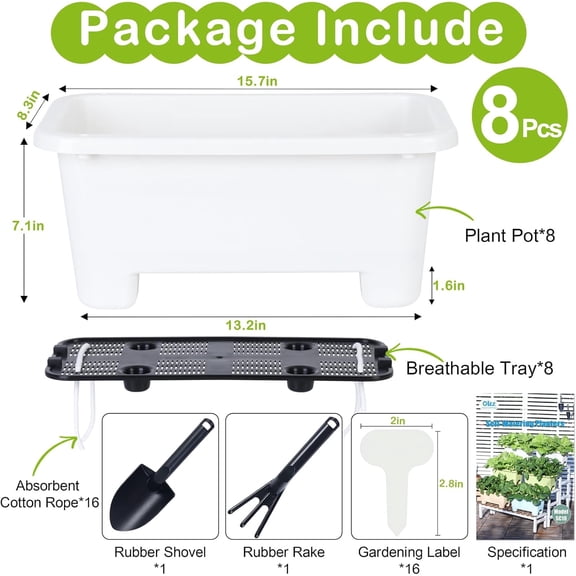 Self-Watering Rectangle Planter Boxes 8-Pack, 15.7-Inch Window Box Planter with Drainage Holes & Trays, Pots for Vegetables, Herbs, Flowers, Garden Windowsill Balcony (White)