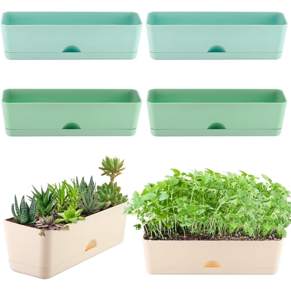 Self Watering Rectangular Planter Box 16x4.4 Inch with Drainage Holes and Saucer, Large Indoor Window Sill Pot for Succulents Herbs Flowers, Light Grey