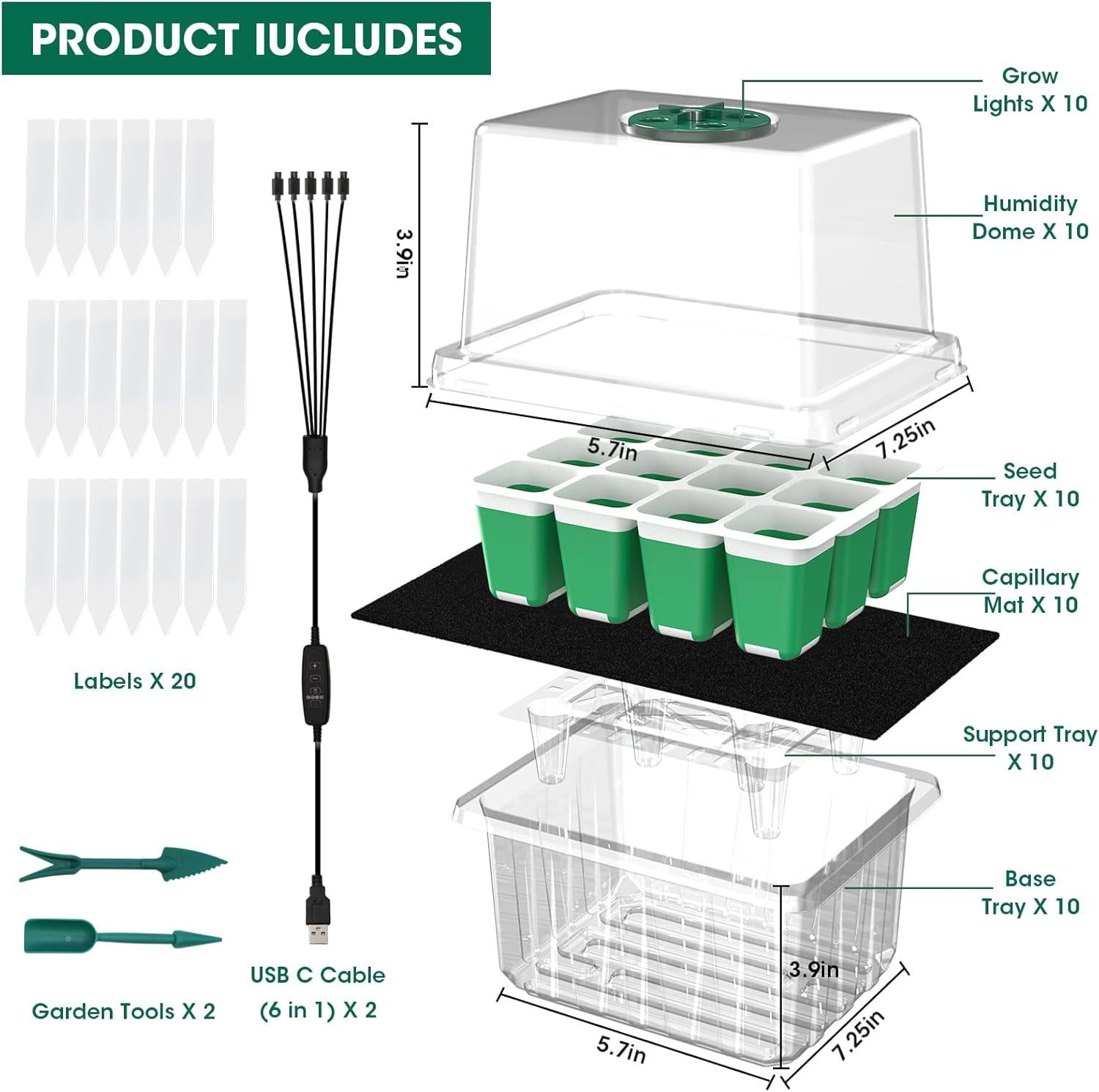 Self Watering Seed Starter Tray with Grow Light, 10-Pack 120-Cell Reusable Seed Starter Kit with Soft Silicone, Plant Germination Trays with Humidity Dome for Seeding Planting Growing