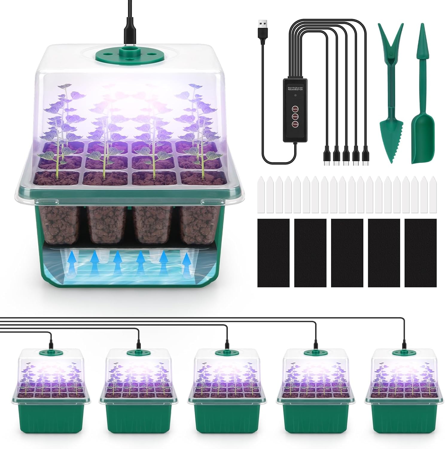 SelfWatering Seed Starter Tray Kit with Grow Light and Humidity Dome,3 Color Growing Light,5