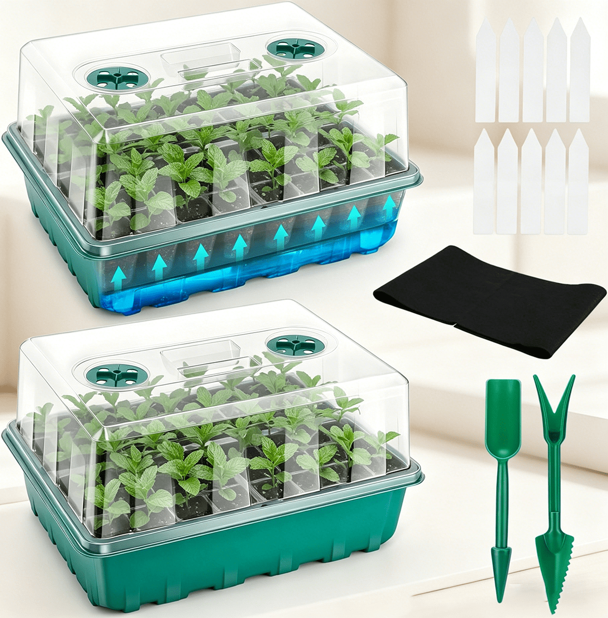 Self-Watering Seed Starter Tray, Seed Starter Kit with Humidity Vented Domes and Lid for Indoor Greenhouse