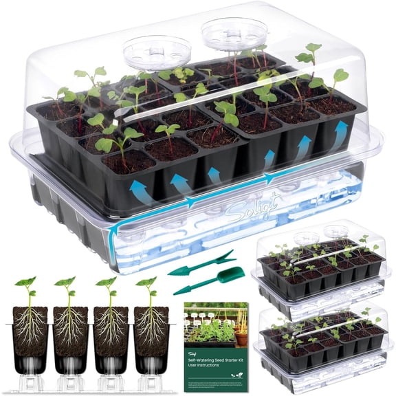 Self Watering Seed Starter Trays with Humidity Domes, Extra Thick Plastic Seed Starter kit for Seed Starting, Plant Germination & Seedling Growing, 3 Pack 72 Cells