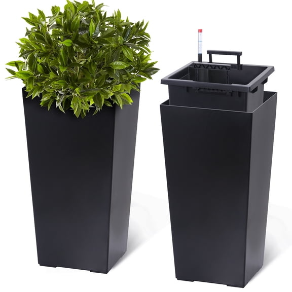 Self-Watering Tall Black Planters Set of 2 – Modern Large Outdoor & Indoor Flower Pots with Drainage, Water Level Monitor, Wheels & Inner Bucket – Ideal for Patio, Porch, Garden – Black