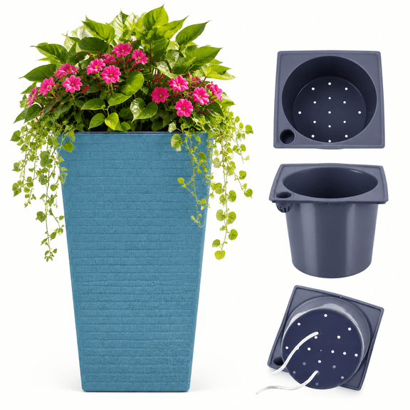 Self-Watering Tall Planter Large Modern Plant Pot with Drainage Holes, Decorative Flower Pot for Indoor/Outdoor Use Porch, Deck, Patio & Office
