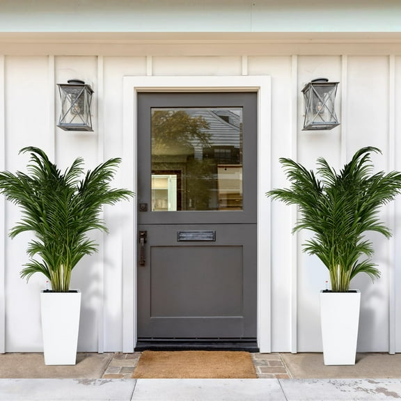 Self-Watering Tall Planters Set of 2 Modern Rectangular Flower Pots with Drainage Holes, Water Level Gauge, Inner Bucket & Wheels Large Indoor Outdoor Use White, Height 16 Inches