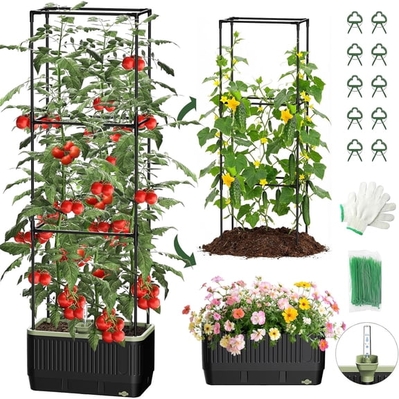 Self-Watering Tomato Planter Box with Trellis and Rectangular Cages for Raised Beds, Patio, Indoor, and Outdoor Use (2-Pack)