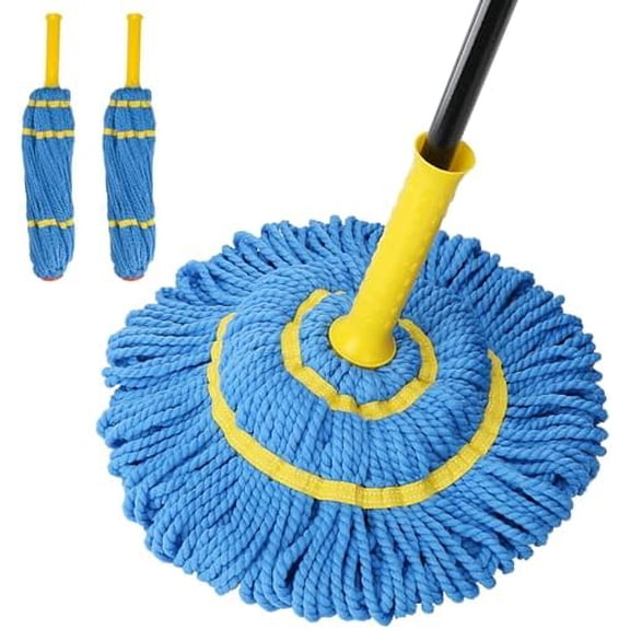 Self-Wringing Microfiber Twist Mop with Long Handle & 2 Mop Heads, Blue