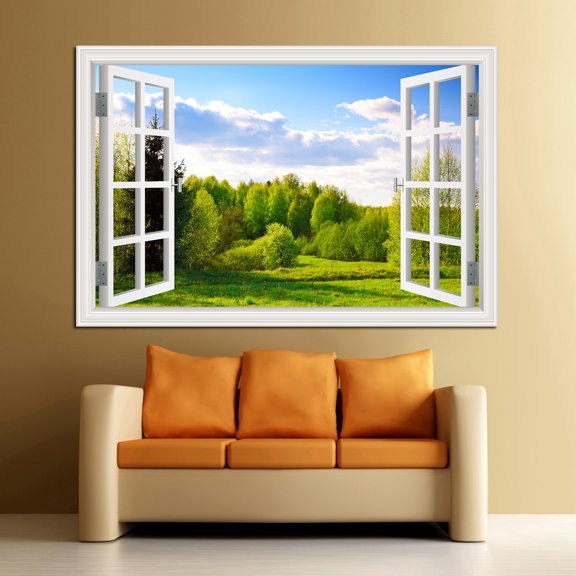 Self-adhesive Forest Landscape Wall Sticker Vinyl Nature Green Tree Fake Window Poster Wallpaper Peel and Stick for Bedroom Kitchen Decor