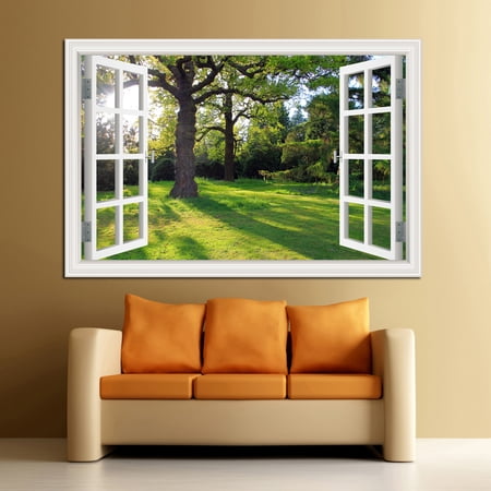 Self-adhesive Forest Landscape Wall Sticker Vinyl Nature Green Tree Fake Window Poster Wallpaper Peel and Stick for Bedroom Kitchen Decor