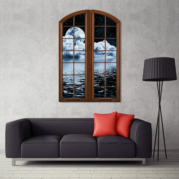 Self-adhesive Night Landscape Arched Fake Window Poster Moon Lake Scenery Wall Sticker Wallpaper Peel And Stick for Bedroom Living Room Decor