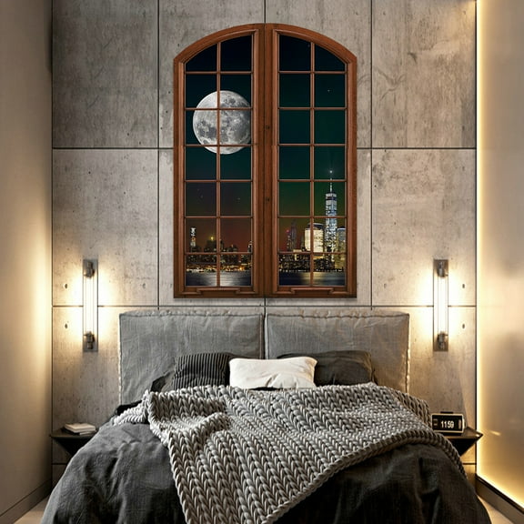 Self-adhesive Night Landscape Arched Fake Window Poster Moon Lake Scenery Wall Sticker Wallpaper Peel And Stick for Bedroom Living Room Decor