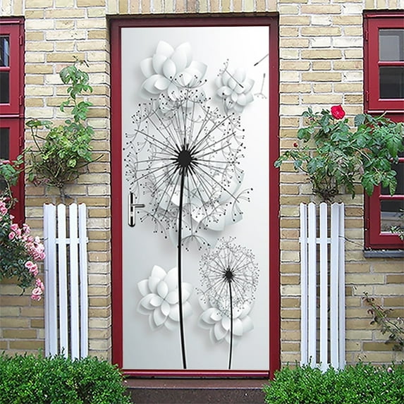 Self-adhesive door sticker, 3D dandelion flower entry door wardrobe decorative wall sticker removable bathroom door stickers