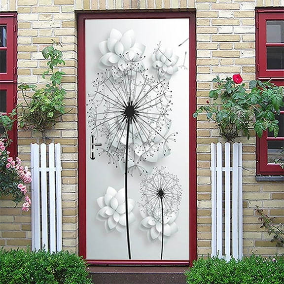 Self-adhesive door sticker, 3D dandelion flower entry door wardrobe decorative wall sticker removable bathroom door stickers