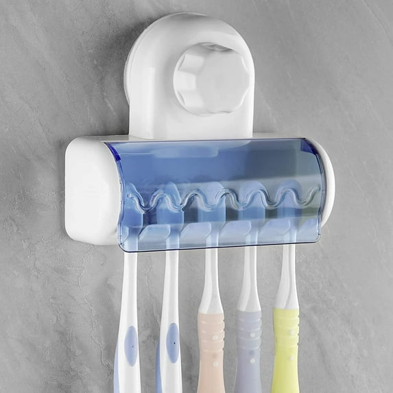Self-adhesive toothbrush holder with cover, 5 slots wall mounted toothbrush storage rack for shower, dorm, cabinet