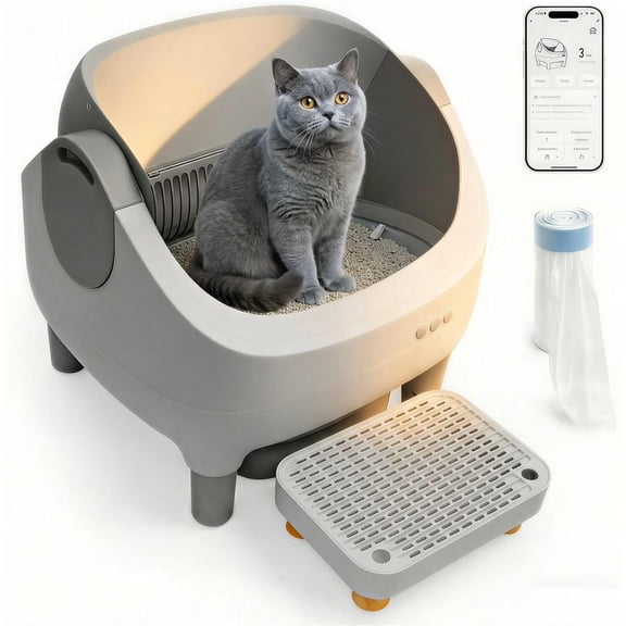 Automatic Litter Box with Raised Step, for Multiple Cats, Open Top Large Capacity Self Cleaning Litter Box