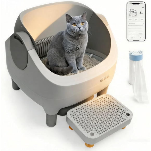 Automatic Litter Box with Raised Step, for Multiple Cats, Open Top Large Capacity Self Cleaning Litter Box