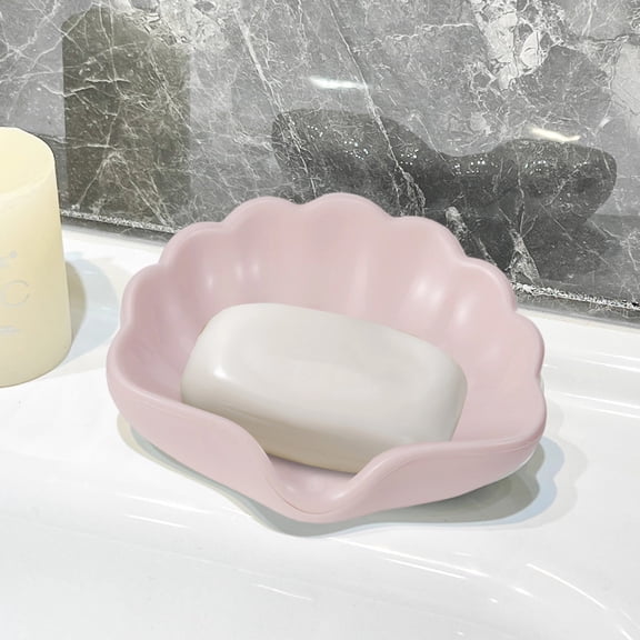 Self-draining Plastic Soap Dish Shell Shape Porcelain Holder for Bathroom Sink and Kitchen Vanity, Decorative Tray with Jewelry Storage for Home Use