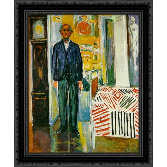 Self portrait. Between the clock and the bed 24x20 Black Ornate Wood Framed Canvas Art by Munch, Edvard