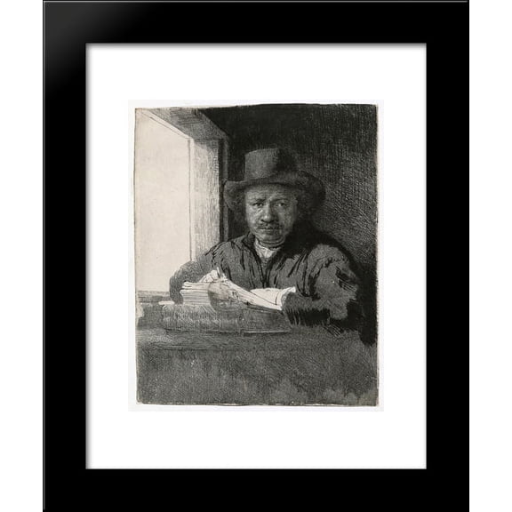 Self-portrait drawing at a window 20x24 Framed Art Print by Rembrandt
