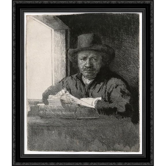 Self-portrait drawing at a window 28x34 Large Black Ornate Wood Framed Canvas Art by Rembrandt
