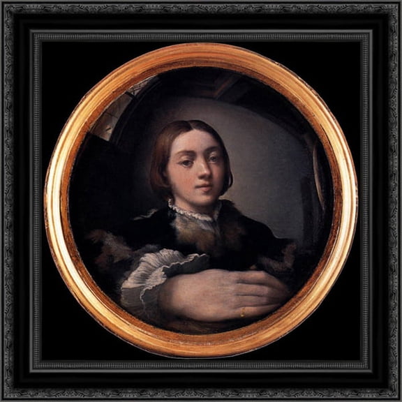 Self portrait in a Convex Mirror 20x20 Black Ornate Wood Framed Canvas Art by Parmigianino, Girolamo
