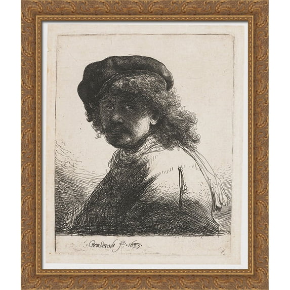 Self-portrait in a cap and scarf with the face dark bust 28x34 Large Gold Ornate Wood Framed Canvas Art by Rembrandt