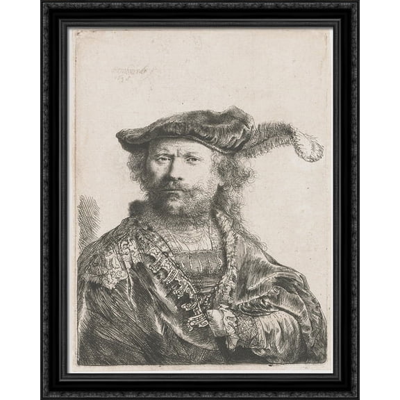 Self-portrait in velvet cap and plume 28x34 Large Black Ornate Wood Framed Canvas Art by Rembrandt