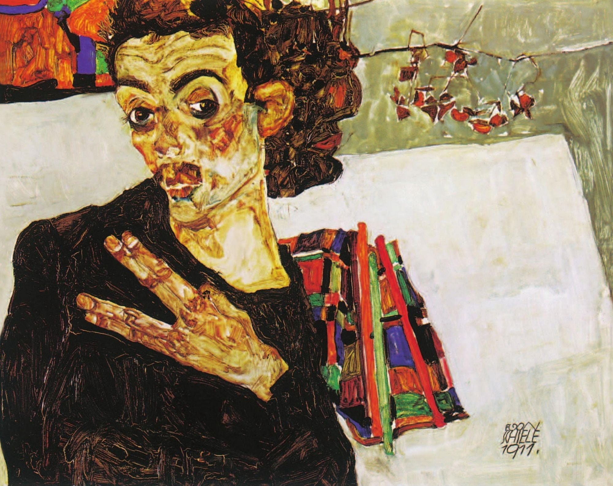 Self-portrait with Black Clay Vase and Spread fingers 1911 Canvas Art - Egon Schiele (24 x 36)