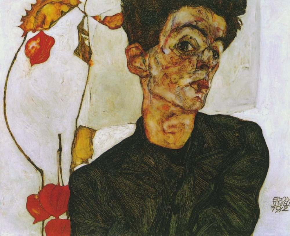 Self-portrait with Chinese lantern plant 1912 Canvas Art - Egon Schiele (24 x 36)