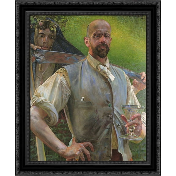 Self portrait with Death 20x24 Black Ornate Wood Framed Canvas Art by Malczewski, Jacek